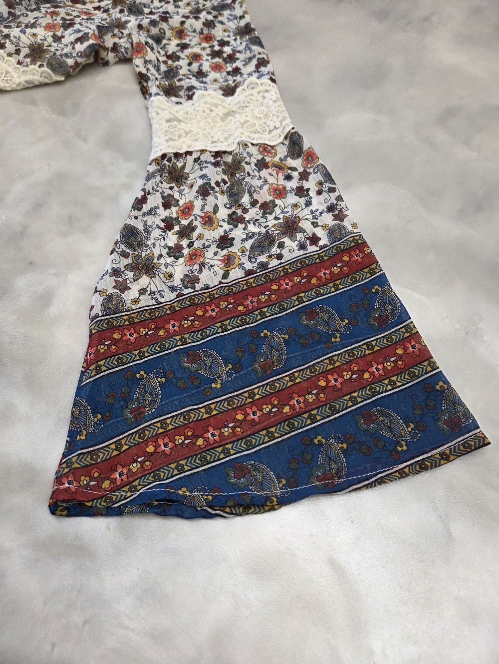Hint Of Mint Lace-Trim Boho Peasant Blouse - Blue/Cream Sheer Top Size M - Picture 5 of 8